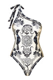 Black White One Shoulder Print Beach Swimsuit with Cover Up