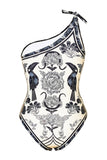 Black White One Shoulder Print Beach Swimsuit with Cover Up