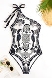 Black White One Shoulder Print Beach Swimsuit with Cover Up