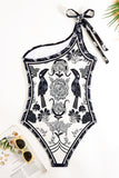 Black White One Shoulder Print Beach Swimsuit with Cover Up