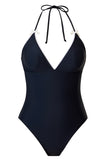 Halter Black One Piece Swimsuit with Cover Up