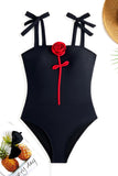 Black 3D Flower One Piece Swimsuit with Cover Up
