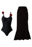 Black Spaghetti Straps One Piece Swimsuit with Ruffled Cover Up