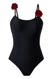 Black Spaghetti Straps One Piece Swimsuit with Ruffled Cover Up