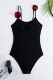 Black Spaghetti Straps One Piece Swimsuit with Ruffled Cover Up