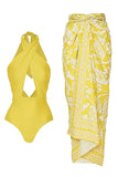 Halter One Piece Yellow Printed Swimwear