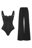 Black Sleeveless One Piece Swimwear with Pants