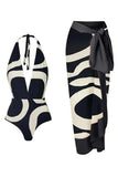 Halter One Piece Black And White Printed Swimwear