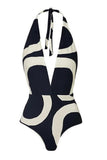 Halter One Piece Black And White Printed Swimwear
