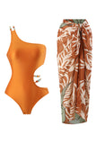 Orange One Piece Cut Out Printed Beach Swimwear