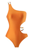 Orange One Piece Cut Out Printed Beach Swimwear