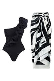 Black White One Piece Ruffled Beach Swimwear