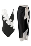 Black White One Piece V Neck Beach Swimwear with 3D Flowers