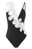 Black White One Piece V Neck Beach Swimwear with 3D Flowers