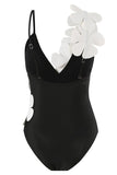 Black White One Piece V Neck Beach Swimwear with 3D Flowers