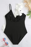 Black White One Piece V Neck Beach Swimwear with 3D Flowers