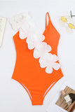 Black White One Piece V Neck Beach Swimwear with 3D Flowers