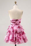 Pink Flower A-line Strapless Tiered Short Graduation Dress with Front Bow