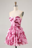 Pink Flower A-line Strapless Tiered Short Graduation Dress with Front Bow