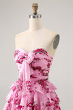 Pink Flower A-line Strapless Tiered Short Graduation Dress with Front Bow