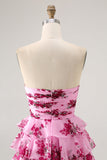Pink Flower A-line Strapless Tiered Short Graduation Dress with Front Bow