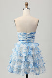 Strapless White Blue Flower A-line Tiered Short Graduation Dress with Bow