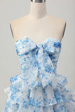 Strapless White Blue Flower A-line Tiered Short Graduation Dress with Bow