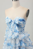 Strapless White Blue Flower A-line Tiered Short Graduation Dress with Bow