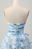 Strapless White Blue Flower A-line Tiered Short Graduation Dress with Bow