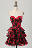 Black Red Floral A Line Sweetheart Tiered Corset Graduation Dress
