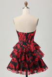 Black Red Floral A Line Sweetheart Tiered Corset Graduation Dress