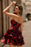 Black Red Floral A Line Sweetheart Tiered Corset Graduation Dress