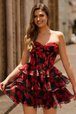 Black Red Floral A Line Sweetheart Tiered Corset Graduation Dress