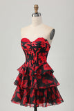Black Red Floral A-line Sweetheart Tiered Corset Short Graduation Dress