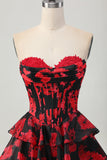 Black Red Floral A-line Sweetheart Tiered Corset Short Graduation Dress
