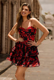 Black Red Floral A Line Sweetheart Tiered Corset Graduation Dress