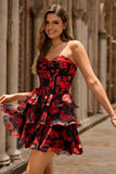 Black Red Floral A Line Sweetheart Tiered Corset Graduation Dress