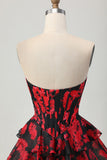Black Red Floral A-line Sweetheart Tiered Corset Short Graduation Dress