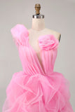 Hot Pink A Line One Shoulder Ruffled Short Graduation Dress