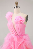 Hot Pink A Line One Shoulder Ruffled Short Graduation Dress