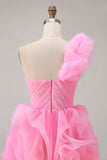 Hot Pink A Line One Shoulder Ruffled Short Graduation Dress
