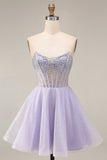 Strapless Lilac A Line Sheer Corset Short Cocktail Dress with Beading