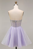 Strapless Lilac A Line Sheer Corset Short Cocktail Dress with Beading