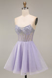 Strapless Lilac A Line Sheer Corset Short Cocktail Dress with Beading