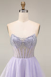 Strapless Lilac A Line Sheer Corset Short Cocktail Dress with Beading