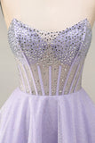 Strapless Lilac A Line Sheer Corset Short Cocktail Dress with Beading