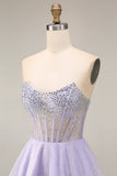 Strapless Lilac A Line Sheer Corset Short Cocktail Dress with Beading