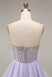 Strapless Lilac A Line Sheer Corset Short Cocktail Dress with Beading