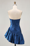 A Line Strapless Asymmetrical Dark Blue Graduation Dress