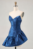 A Line Strapless Asymmetrical Dark Blue Graduation Dress